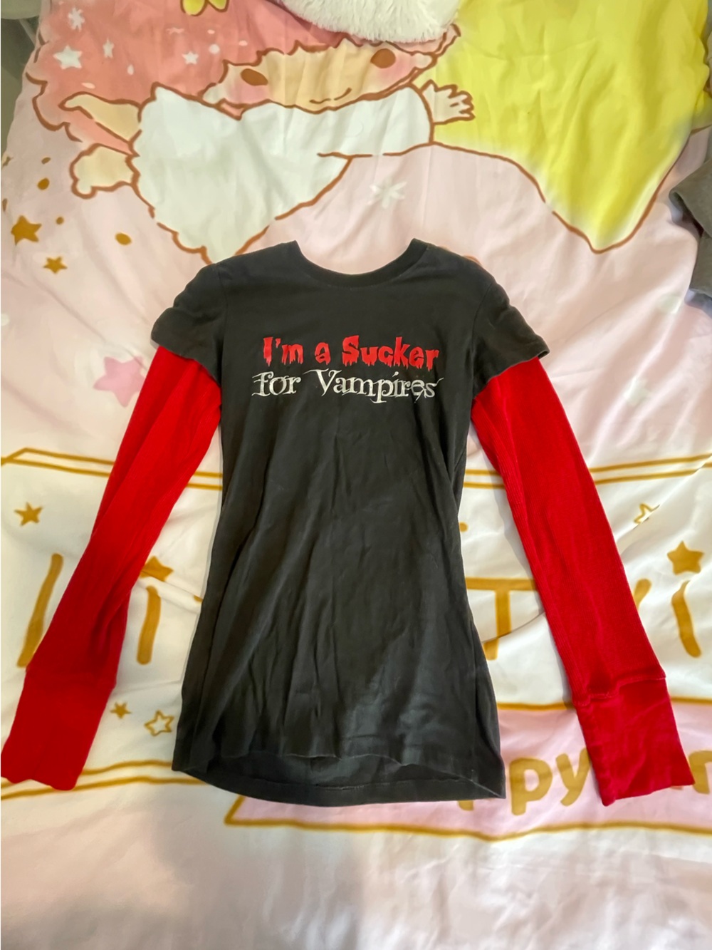 Piper Black Tee with Red Long Sleeves and Graphic